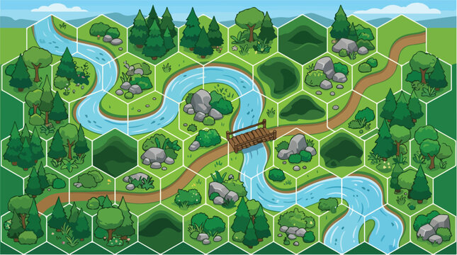 Hexagonal landscape map vector, modular game board tiles with river and forest, green nature environment for tabletop gaming and strategy apps