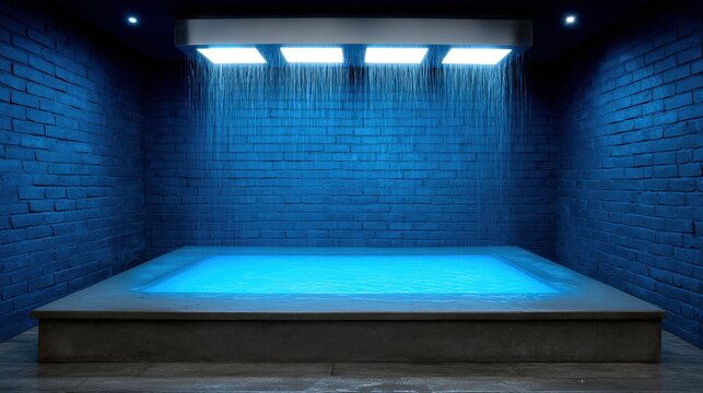 Luxury indoor spa pool with overhead waterfall and blue lighting