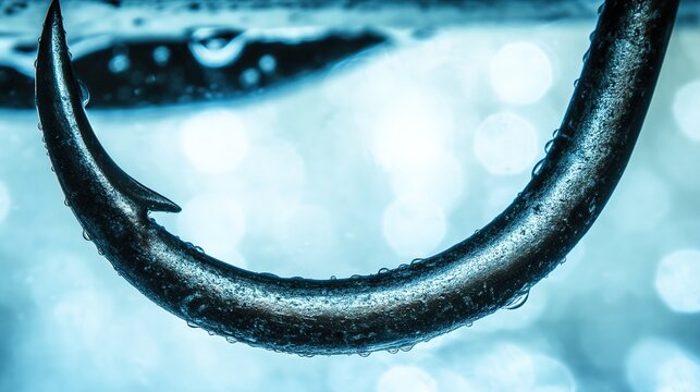 limnetic. Close-up of a metallic fish hook submerged in clear blue water. wildlife magazines, conservation campaigns, designed for eco-tourism storytelling, celebrates biodiversity.
