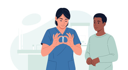 Fototapeta premium Nurse shows vial of vaccine to patient, promoting health and care