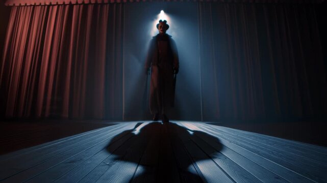 Creepy clown stands alone under a spotlight on a dark theater stage