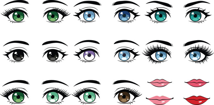 Cartoon Female Eyes and Lips Illustration Collection with Colorful Iris Variations, Eyelashes, and Makeup Elements for Beauty and Character Design