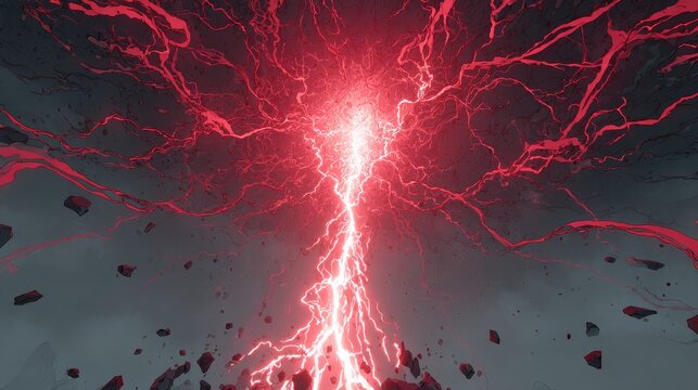 High-energy vertical lightning strike with thick crimson core beam and fine winding red tendrils, geometric breakup, minimalist high-contrast design, striking isometric composition in UE5 style
