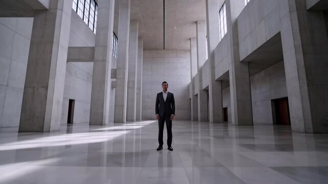 Businessman stands in monumental atrium surrounded by towering concrete columns and high windows, polished reflective floor catching soft daylight beams, corporate solitude evoking