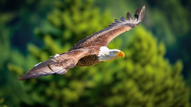 Majestic bald eagle soaring in flight over lush green forest landscape wildlife bird of prey