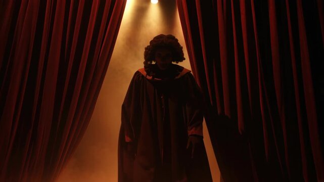 Mysterious clown emerges dramatically from behind red velvet curtains onto a smoke-filled stage