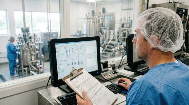 Technician monitoring pharmaceutical production line on computer