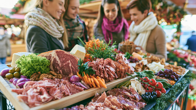 Large charcuterie board with cured meats and cheese at an outdoor food market festival