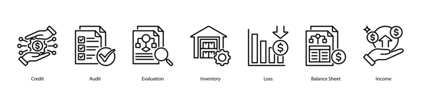 Accounting Essentials web banner icon vector illustration featuring Credit, Audit, Evaluation, Inventory, Loss, Balance Sheet, and Income.