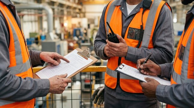 Professional maintenance technicians coordinating safety checks with clipboards and radios inside an industrial factory. Warehouse inspection team reviewing work permits and equipment status during