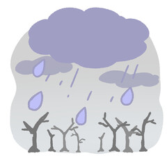 Fototapeta premium Rain clouds over bare trees in pastel illustration