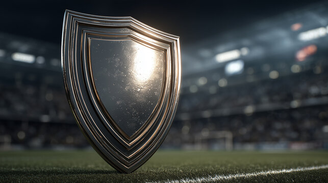 Modern metallic shield emblem on soccer field