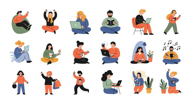 Flat vector people collection, diverse characters working and relaxing set, 18 human figures using laptops and reading, modern lifestyle illustrations