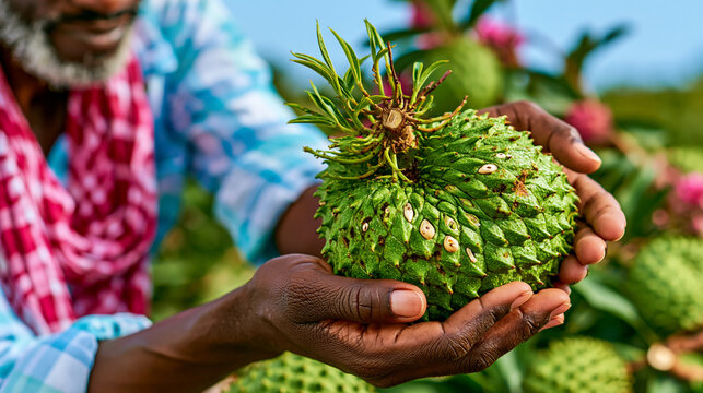 Farmer hands holding fresh green spiky soursop fruit in tropical orchard with tropical