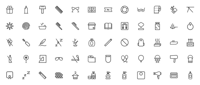 Lifestyle_2711 icon set. Minimal line icons. Featuring gift, condom, razor, comb, toast, ticket, lifesaver, toilet paper, shower, perfume, ice cream and more. Editable vector stroke.