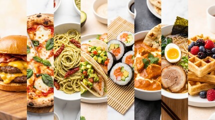Fototapeta premium Vertical collage of various international dishes including cheeseburger pizza pesto pasta tacos sushi curry ramen and waffles on white and wooden surfaces