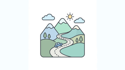 Fototapeta premium Stylized illustration of mountains road car sun and clouds in daylight