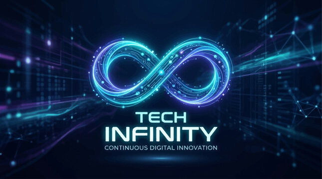 A futuristic logo creative design featuring infinity symbol with tech and innovation elements