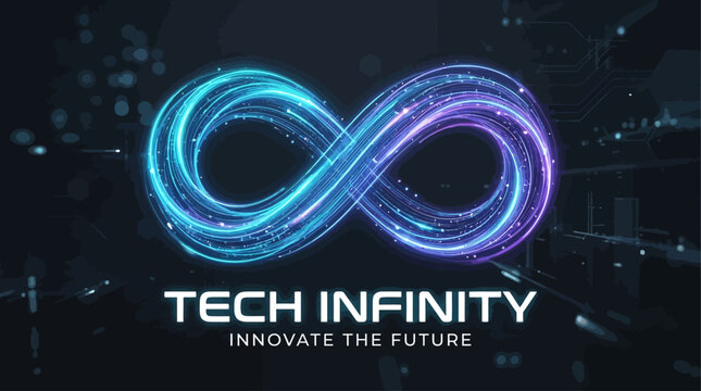 Vibrant tech infinity logo shines brightly on dark background with neon colors