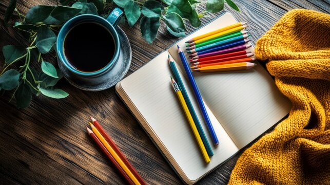 Colorful pencils, notebook, coffee, and cozy sweater on wooden table