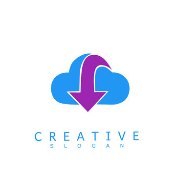 Modern blue cloud vector logo featuring a purple download arrow, perfect for data hosting services, digital backup platforms, cloud computing applications, and software brand identity
