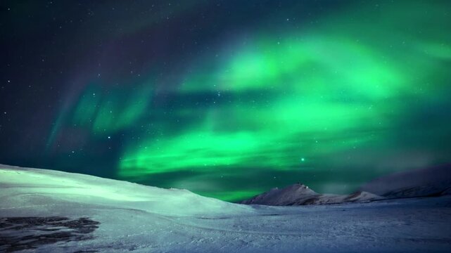 A stunning natural night view, showcasing the Aurora Borealis (Northern Lights) dancing beautifully across the sky. The aurora's light is dominated by a bright green, 
