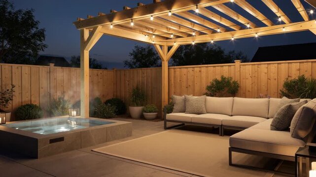 Cozy backyard patio with hot tub string lights and comfortable outdoor sectional sofa at dusk
