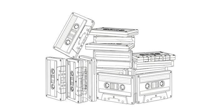 Stack of cassette tapes and records.