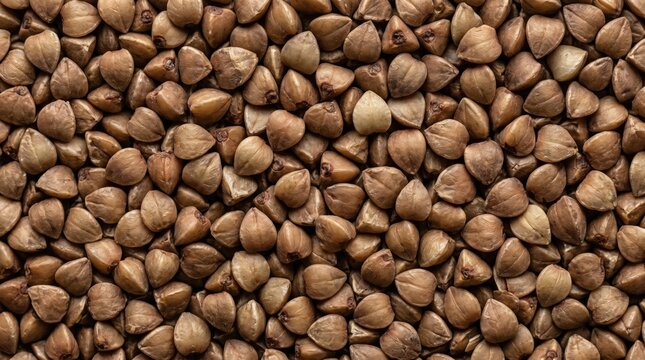 Close up macro view of a pile of raw buckwheat groats showing their triangular shape and brown earthy tones