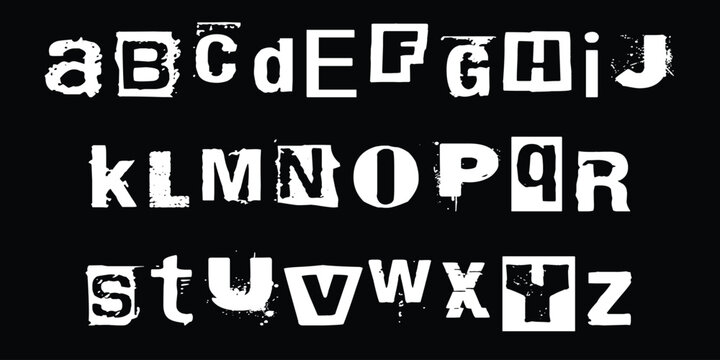 Alphabet collection in ransom note style featuring distressed cutout letters with grunge texture on black background.