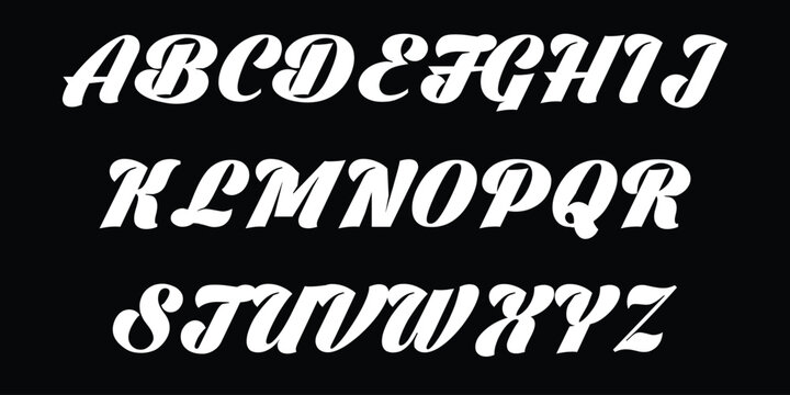 Italic script alphabet with thick calligraphic strokes and elegant curved letters presented in white on black color.