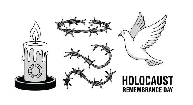 Holocaust Remembrance Day vector set, memorial candle with barbed wire and peace dove, international commemoration day icons for mourning and hope