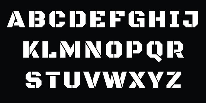 Stencil font alphabet with military style block letters featuring geometric shapes and white color on black backdrop.
