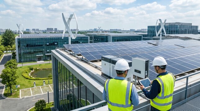 Engineers inspecting solar panels on commercial building roof, renewable energy maintenance team checking inverters, urban sustainability and green architecture