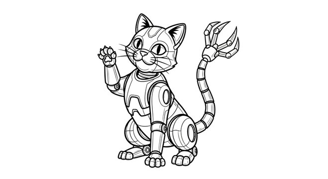Robot cat with raised paw.