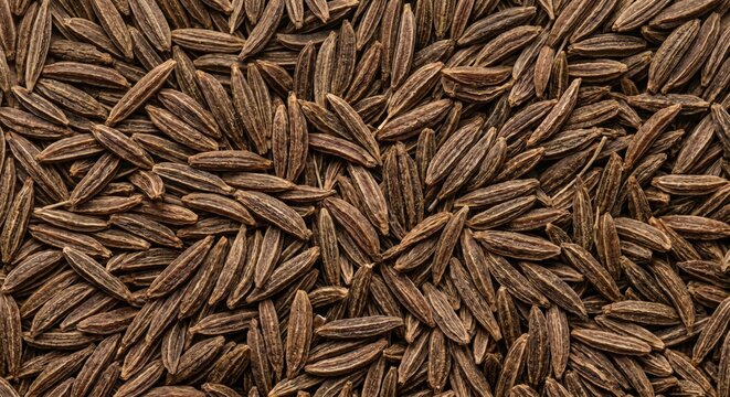 Close up macro view of dried brown cumin seeds filling the entire frame with detailed texture and natural patterns