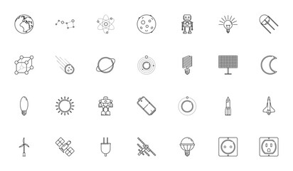 Science and Equipments icon set. Minimal vector icons featuring planet earth, atoms, moon, robot, light bulb, satellite, solar system, rocket, windmill and more. Editable vector stroke. © wang