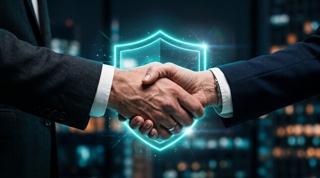 Secure Deal, Safe Partnership: Two business professionals seal a deal with a firm handshake, illuminated by a glowing shield icon symbolizing trust and security in a modern city backdrop.
