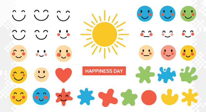 Happiness Day vector collection, cheerful smiley face icons and sun illustration, colorful emoji set with heart and organic shapes for social media