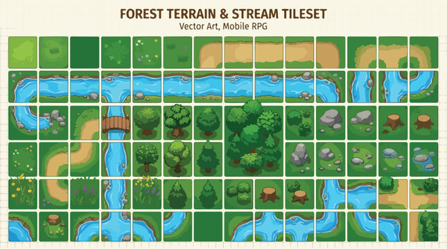 Forest Terrain and Stream Tileset, 60 Vector RPG Game Assets, Top-Down Green Meadow and River Map Elements for Mobile App Development