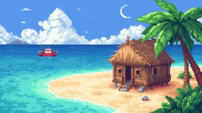 tropical beach hut with palm tree and boat at sunset 8bit pixel art