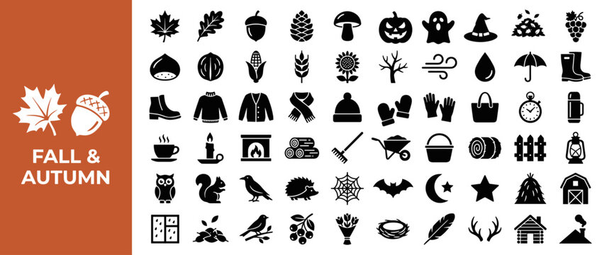 Fall and Autumn Icons Collection Featuring Seasonal Elements and Activities