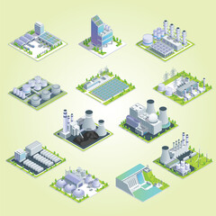 Fototapeta premium Cartoon color different types industrial energy building set concept 3d isometric view vector urban collection smart factory company