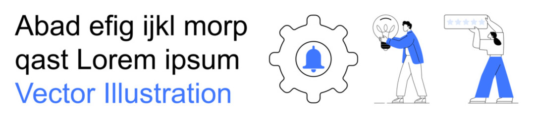 Productivity, creativity, technology, innovation, workflow management, alerts. Gear with notification icon, people holding tools. Productivity and creativity in technology and workflow management © robu_s