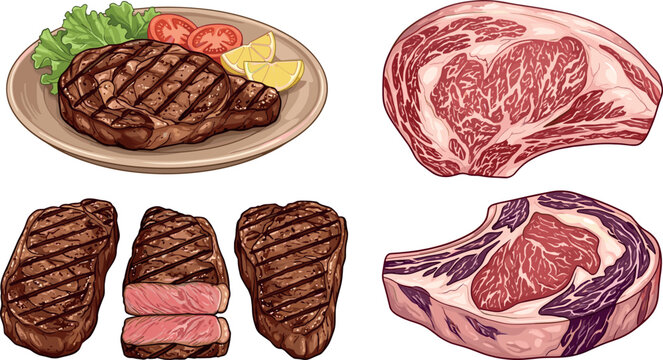 Raw and Grilled Beef Steak Vector Set Featuring Premium Ribeye Wagyu and Tomahawk Cuts for Menu Designs