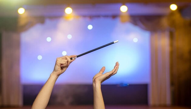 A conductor's hands hold a baton and gesture on a lit stage