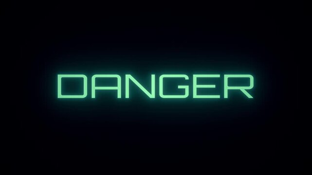 Animation of a printed text DANGER with a digital glitch effect on a black background