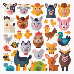 Fototapeta premium Cute Farm and Cartoon Animal Flat Vector Collection