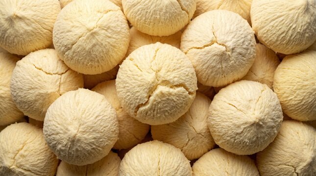 Close up overhead view of a pile of pale yellow textured round cookies with cracked surfaces biscuits