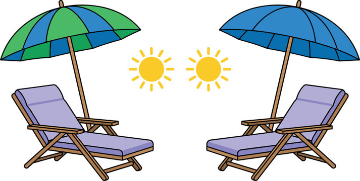 Summer Beach Lounge Chairs with Parasol Umbrellas and Sun Icons for Vacation, Holiday, and Tropical Resort Design Elements Isolated on White Background